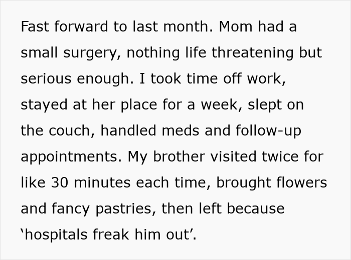 Text describing daughter’s extensive caregiving contrasted with son’s brief visits bringing flowers during mother’s recovery. Text describing daughter’s extensive caregiving contrasted with son’s brief visits bringing flowers during mother’s recovery.