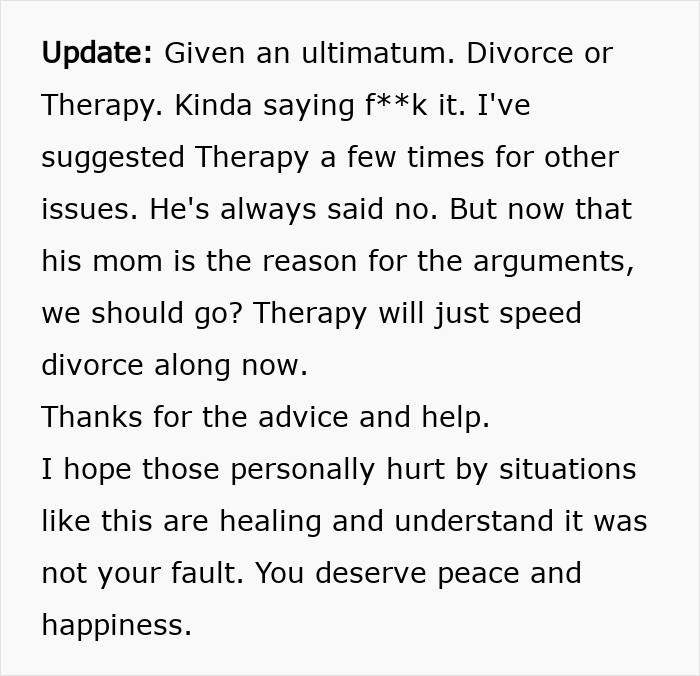 Text update about marriage falling apart and therapy suggested due to issues with MIL&rsquo;s creepy husband and ongoing arguments.