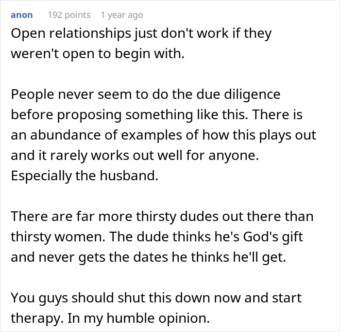 Comment discussing challenges men face when pushing for open marriage, realizing insecurity and difficulty handling it.