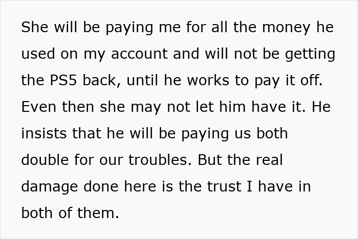 Text excerpt about karma involving entitled nephew who used credit card for games and consequences regarding PS5 and trust.
