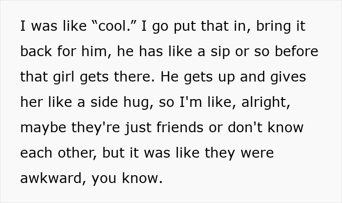 Text showing a waiter awkwardly serves a first date, leading to an uncomfortable interaction between the couple.