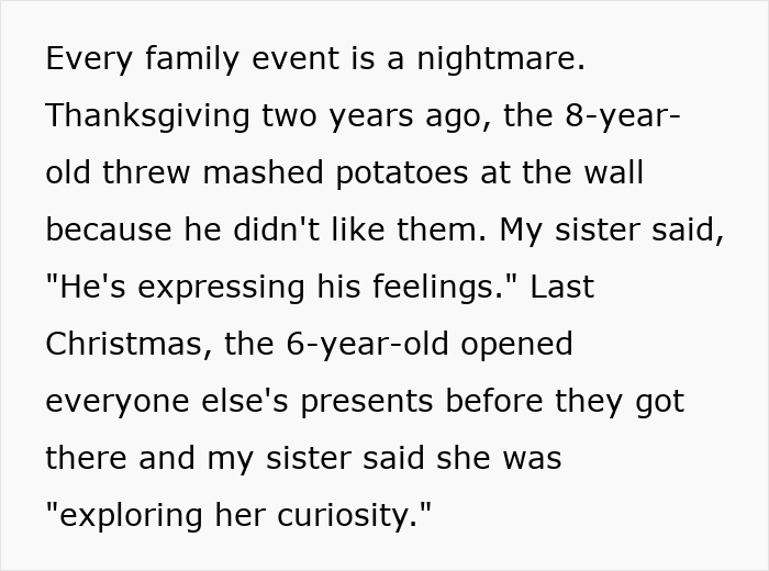 Text excerpt about an aunt declaring no Christmas gifts for unruly niblings and facing backlash from her angry sister. Text excerpt about an aunt declaring no Christmas gifts for unruly niblings and facing backlash from her angry sister.