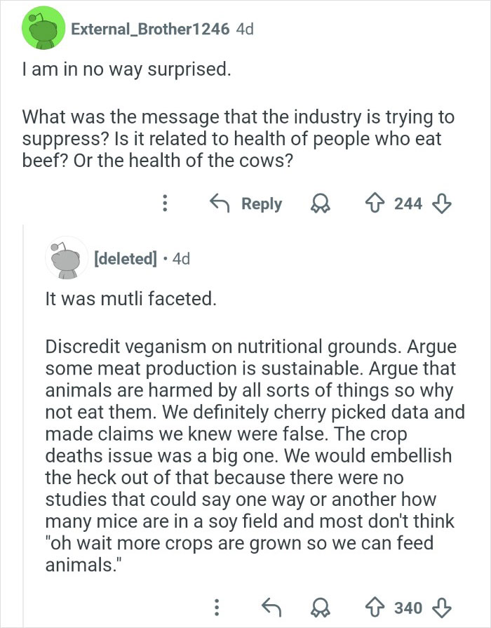 Screenshot of an online discussion where an ex-employee explains tactics used to discredit veganism and its sustainability.