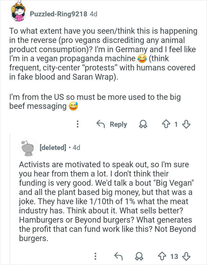 Online discussion highlighting views on veganism discrediting and animal product consumption in activism and industry funding.