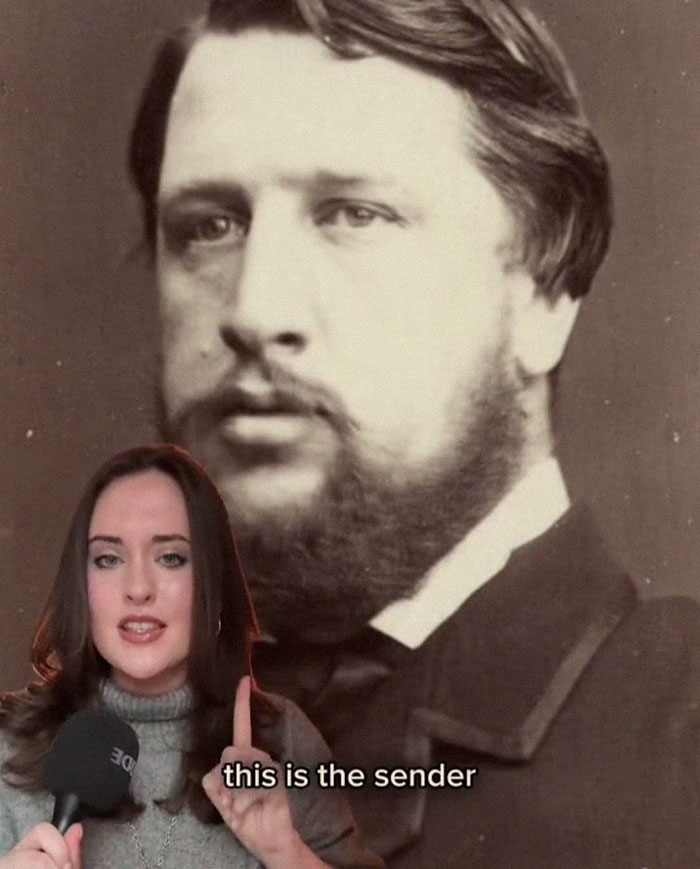 Woman with microphone explaining Victorian boyfriend letter, with large vintage portrait in background, discussing worst Victorian boyfriend. Woman with microphone explaining Victorian boyfriend letter, with large vintage portrait in background, discussing worst Victorian boyfriend.