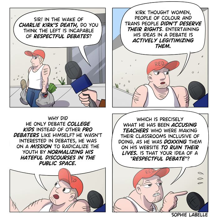 Comic panels by Sophie Labelle featuring a man discussing LGBTQ+ rights, respectful debates, and harmful public discourse.