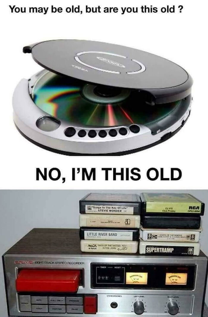 Portable CD player with compact discs above vintage eight-track stereo recorder and tapes, nostalgic items for creaking joints.