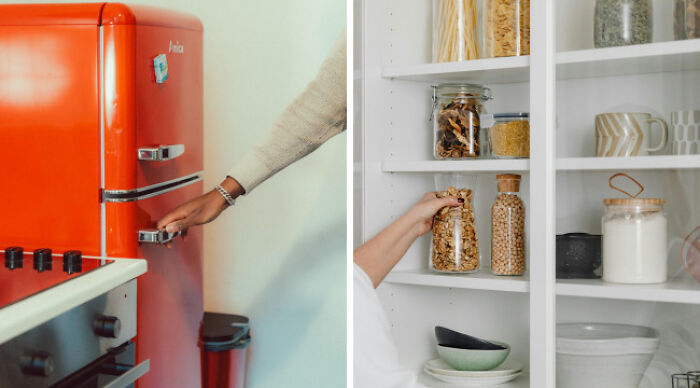 Person opening a red fridge and another reaching for jars in a pantry, illustrating school uniforms vs casual wear choices. Person opening a red fridge and another reaching for jars in a pantry, illustrating school uniforms vs casual wear choices.