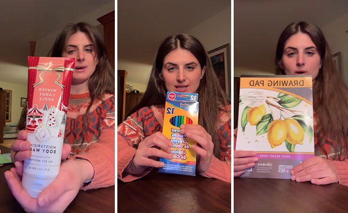 Woman showing dollar store items bought for child’s Angel Tree gift, sparking backlash online in a home setting. Woman showing dollar store items bought for child’s Angel Tree gift, sparking backlash online in a home setting.