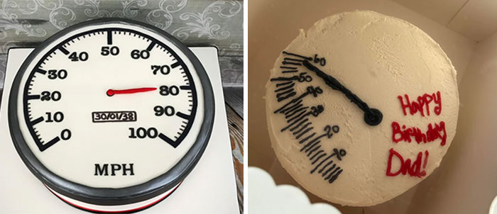 Two expectation vs reality photos showing a realistic speedometer cake and a poorly executed speedometer cake.