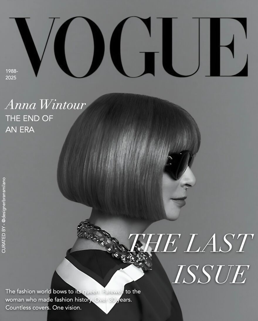 Black and white Vogue cover featuring Anna Wintour marking unforgettable 2025 pop culture moments in fashion.
