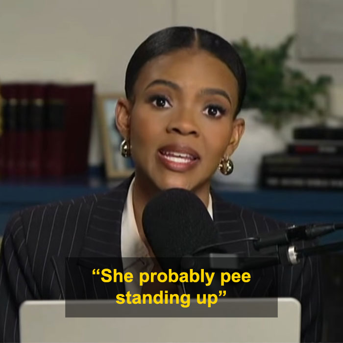 Candace Owens speaking into a microphone during a video podcast, discussing a controversial comment about Brigitte Macron.
