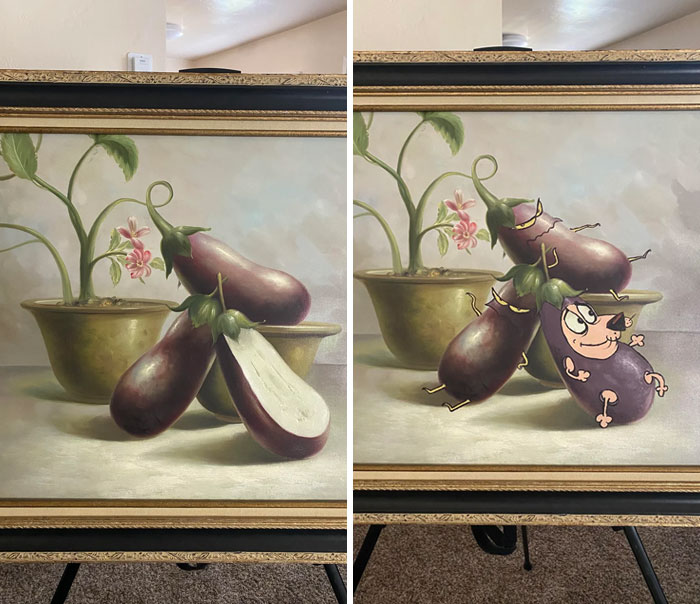 Two-panel thrifted painting of eggplants in a pot, humorously personalized with cartoon faces and limbs added.