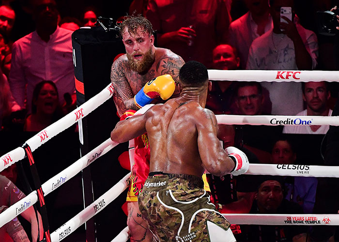 Jake Paul defending in the boxing ring with bruised face as internet reacts to his broken jaw punchline. Jake Paul defending in the boxing ring with bruised face as internet reacts to his broken jaw punchline.