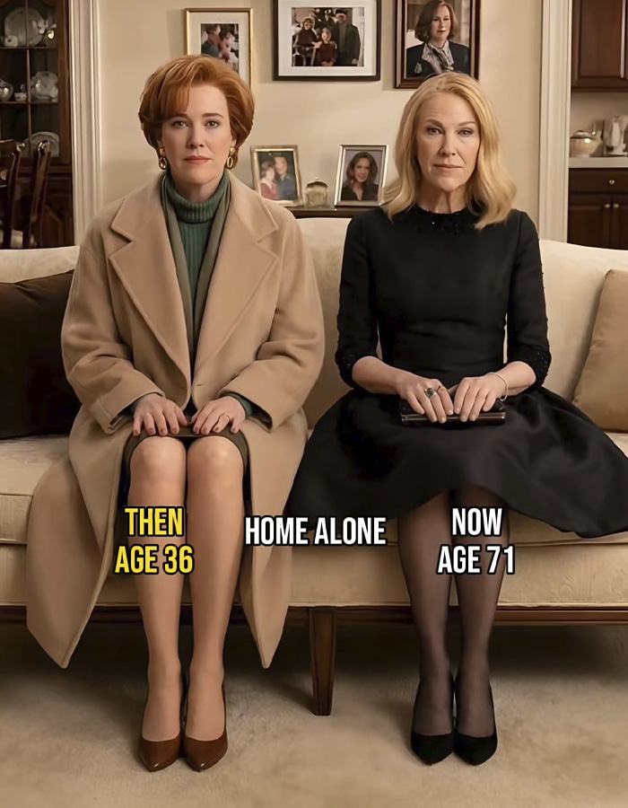 Two women sitting on a couch in a then-and-now Home Alone video showing age progression from 36 to 71 years old.
