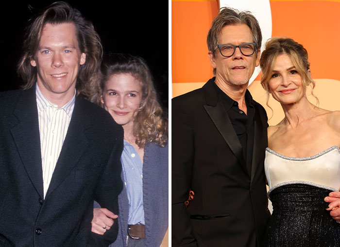 Side-by-side photos of a famous celebrity couple showcasing enduring love and lasting celebrity relationships over time.