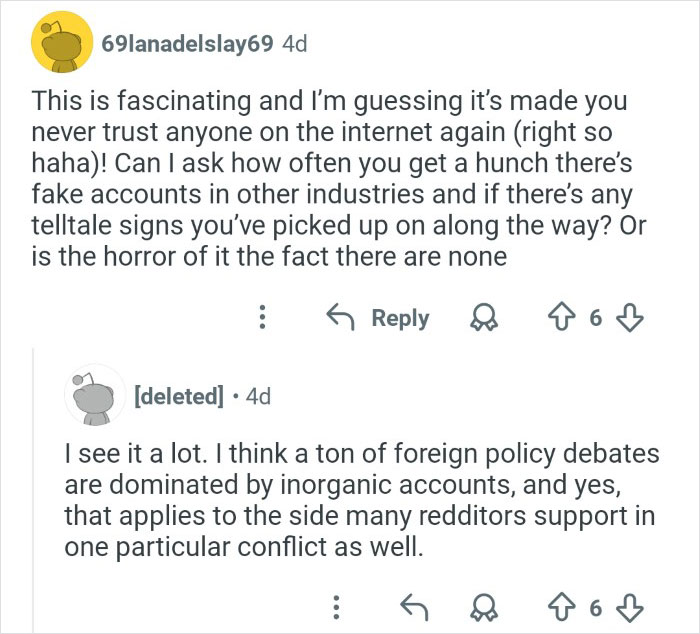 Reddit conversation discussing fake accounts and discrediting veganism online from an ex-employee perspective.