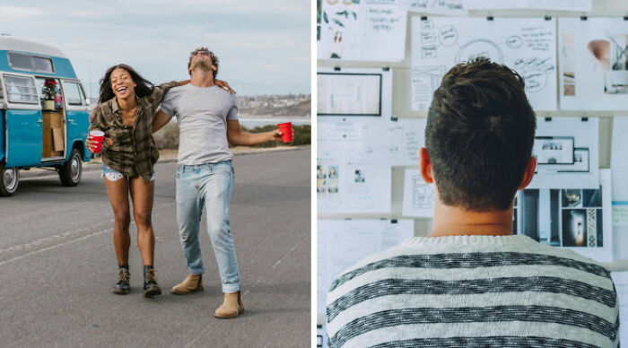 Two people enjoying casual wear outdoors contrasted with a person in a striped sweater reviewing school uniform ideas.