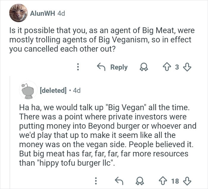 Screenshot of online discussion revealing insights from ex-employee who discredited veganism and Big Meat industry tactics.