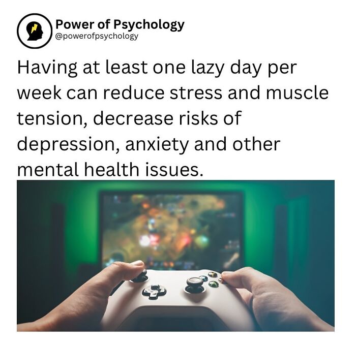 Hands holding a game controller with text about psychology facts on stress reduction and mental health benefits.