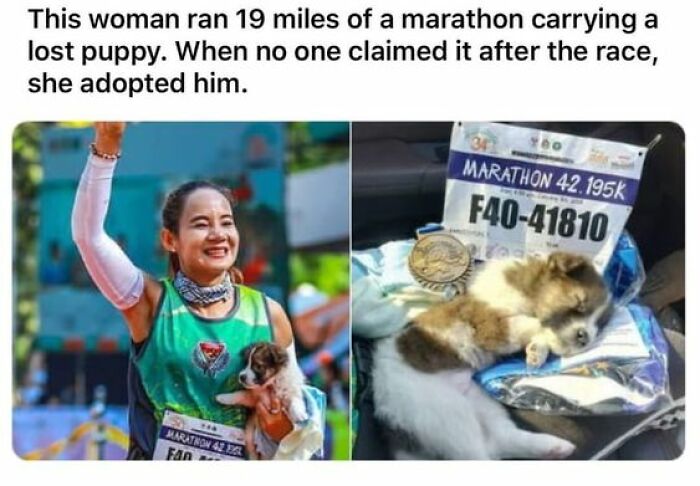 Woman smiling during marathon holding a puppy, and the puppy resting with marathon medal and bib in cute dogs posts.