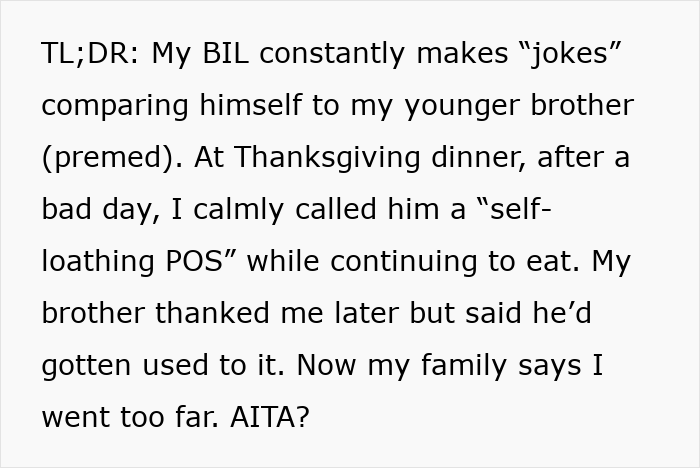 Text excerpt describing a woman clapping back at her BIL tearing down her brother during Thanksgiving dinner. Text excerpt describing a woman clapping back at her BIL tearing down her brother during Thanksgiving dinner.