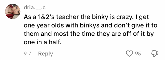 Comment from a teacher discussing the use of a binky with toddlers in response to a viral homeschool clip raising eyebrows.