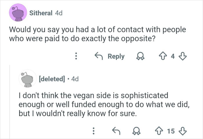 Screenshot of an online discussion highlighting skepticism about veganism and funding in efforts to discredit veganism online.