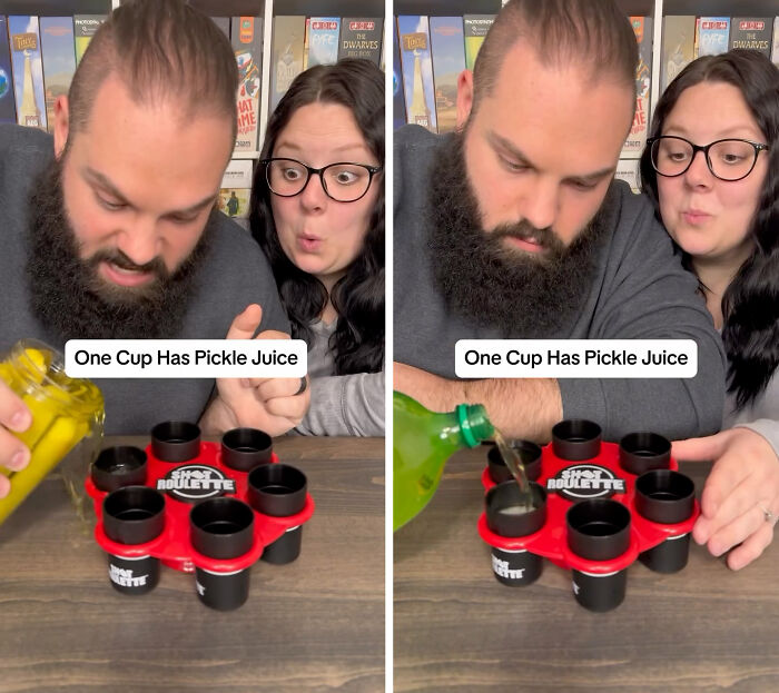 Two people playing a party game involving pickle juice and shot glasses, highlighting the best party game fun and reactions.