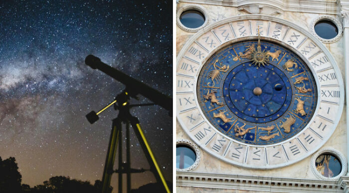 Split image showing a telescope under a starry sky and a detailed zodiac clock, linked to school uniforms vs casual wear debate. Split image showing a telescope under a starry sky and a detailed zodiac clock, linked to school uniforms vs casual wear debate.