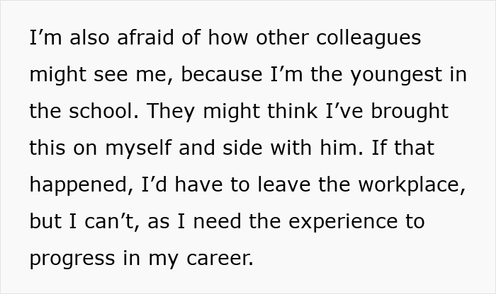 Text excerpt showing a younger colleague expressing fear about how others view her and suspecting inappropriate intentions from a guy. Text excerpt showing a younger colleague expressing fear about how others view her and suspecting inappropriate intentions from a guy.