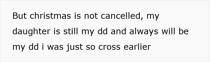 Text message from mom explaining Christmas is not cancelled despite being upset with her 7-year-old child.