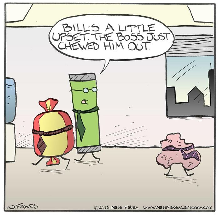 Comic by Nate Fakes showing office humor with characters reacting to a boss chewing out an employee, funny and relatable.
