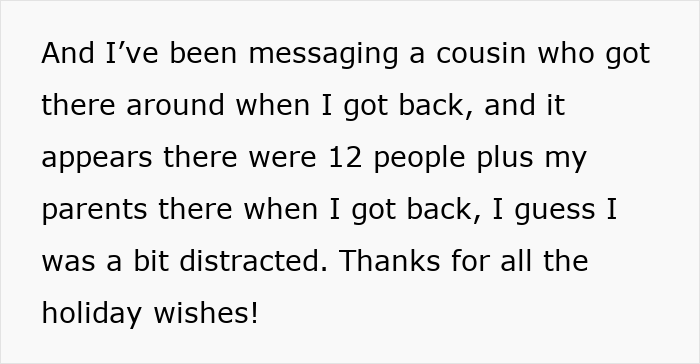 Text message discussing relatives and holiday gathering, with mention of homemade pies and Christmas bread refusal.