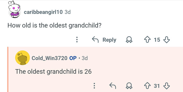 Reddit user discussing family details about a man who has 21 siblings, including the age of the oldest grandchild.