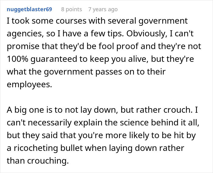 Text excerpt about mass shooting survival tips from government courses advising to crouch instead of laying down to reduce bullet risk.