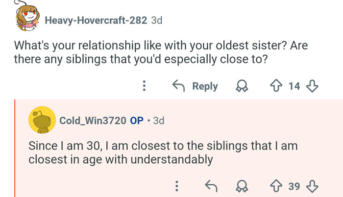 Screenshot of a man with 21 siblings answering questions about his life and sibling relationships in an online discussion.