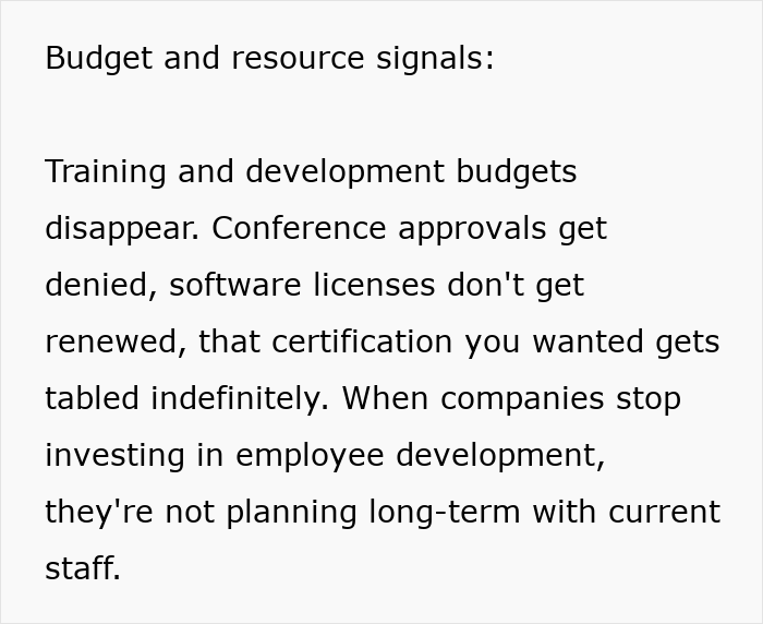 Budget and resource signals showing lack of investment in training and development as subtle job safety red flags.