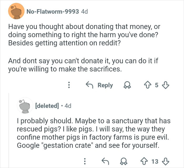 Reddit conversation showing an ex-employee discussing harm caused and veganism discrediting insights online.
