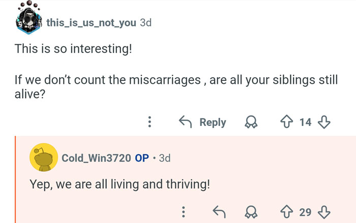 Reddit user with 21 siblings answers questions about his life and confirms all siblings are alive and thriving.