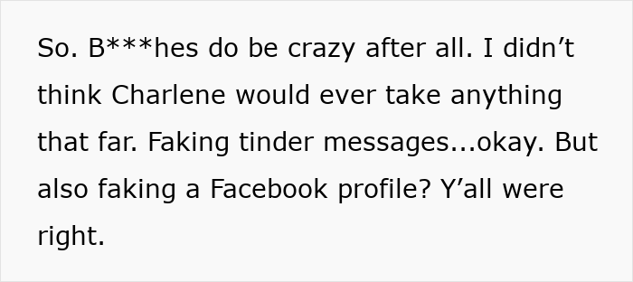 Text excerpt about a woman discovering proof of cheating and dealing with crazy ex-girlfriends’ fake profiles and messages. Text excerpt about a woman discovering proof of cheating and dealing with crazy ex-girlfriends’ fake profiles and messages.