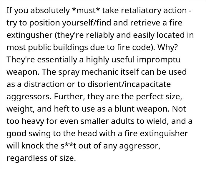 Text explaining how to use a fire extinguisher as an improvised weapon in mass shooting survival tips.