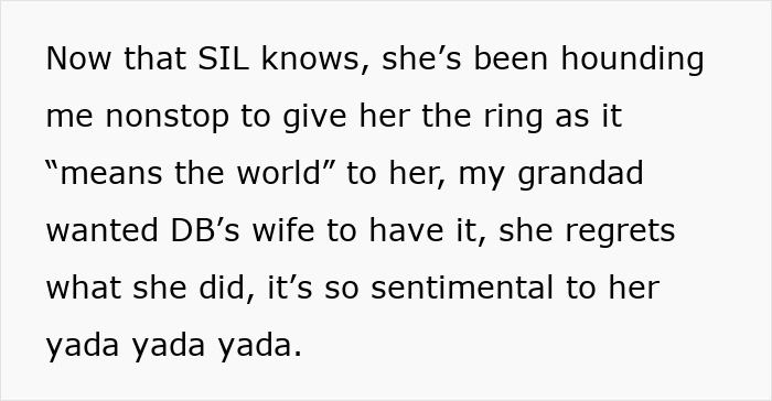 Text discussing a woman pawning a family heirloom ring and her sister-in-law demanding its return after buying it back. Text discussing a woman pawning a family heirloom ring and her sister-in-law demanding its return after buying it back.