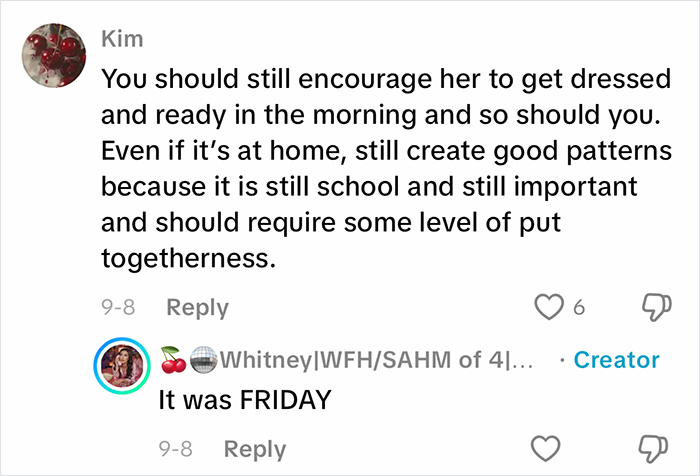 Comment discussing parenting choices about encouraging morning routines during viral homeschool clip.