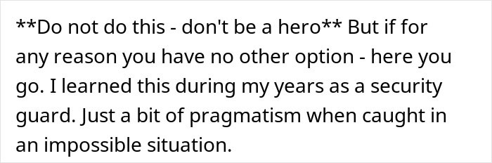 Text image showing advice about mass shooting survival tips, emphasizing pragmatism and caution in impossible situations.
