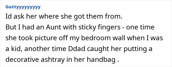 Comment about woman’s sentimental Christmas ornaments missing and spotted on mother-in-law’s tree, expressing concern.