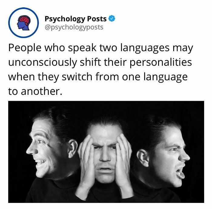 Tweet about bilingual people shifting personalities with a black and white image illustrating psychology facts.