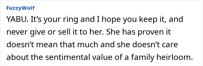 Comment discussing a woman pawning a family heirloom ring and the emotional conflict with her sister-in-law.