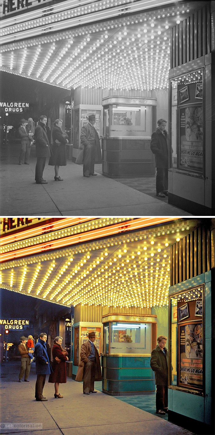 Black and colorized vintage photo showing people outside a theater under bright marquee lights, artist colorizes old photos.
