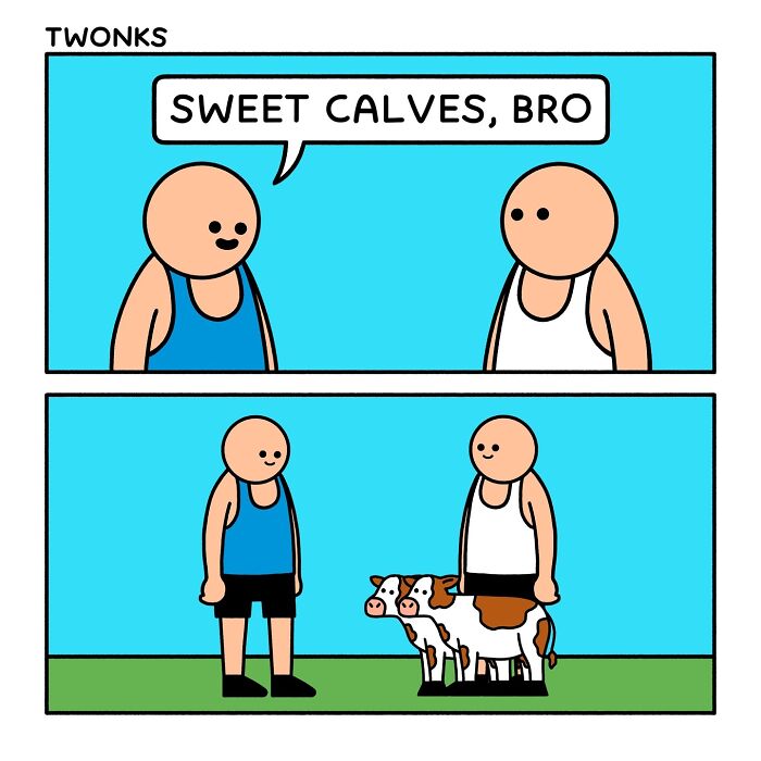 Illustration comic by artist showing two people talking with calves standing between them in a humorous scene.